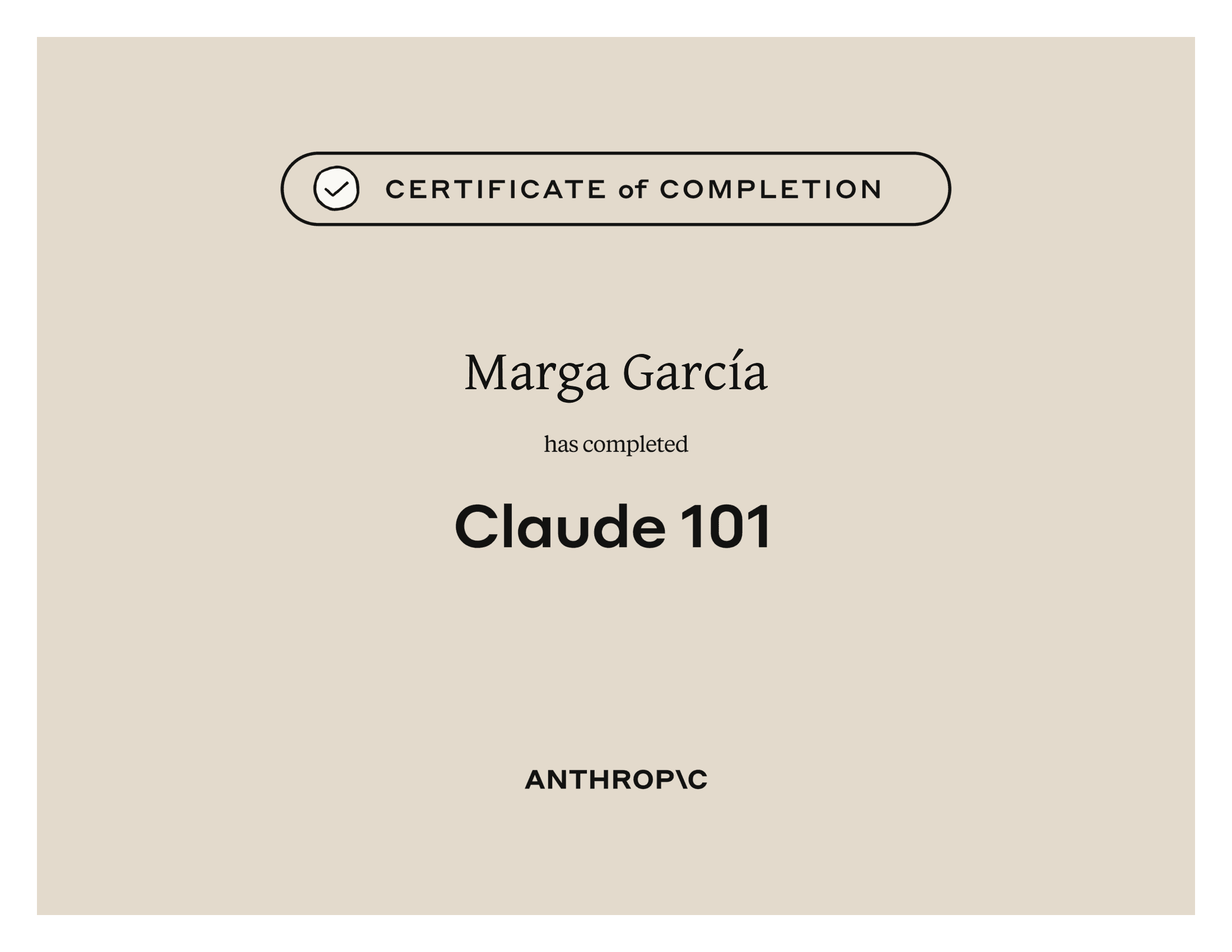 Certificado oficial de Anthropic del curso Claude 101, a nombre de Marga