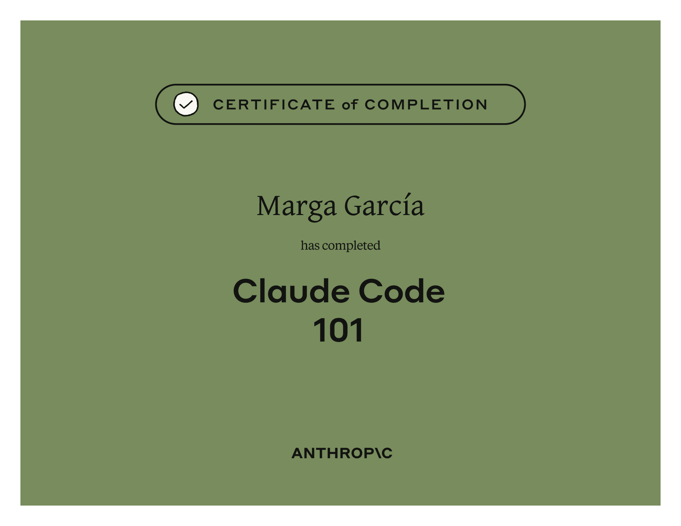 Certificado oficial de Anthropic del curso Claude Code 101, a nombre de Marga