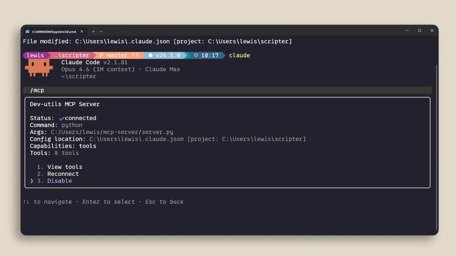 Detalle de un servidor MCP con opciones para ver, reconectar o desactivar