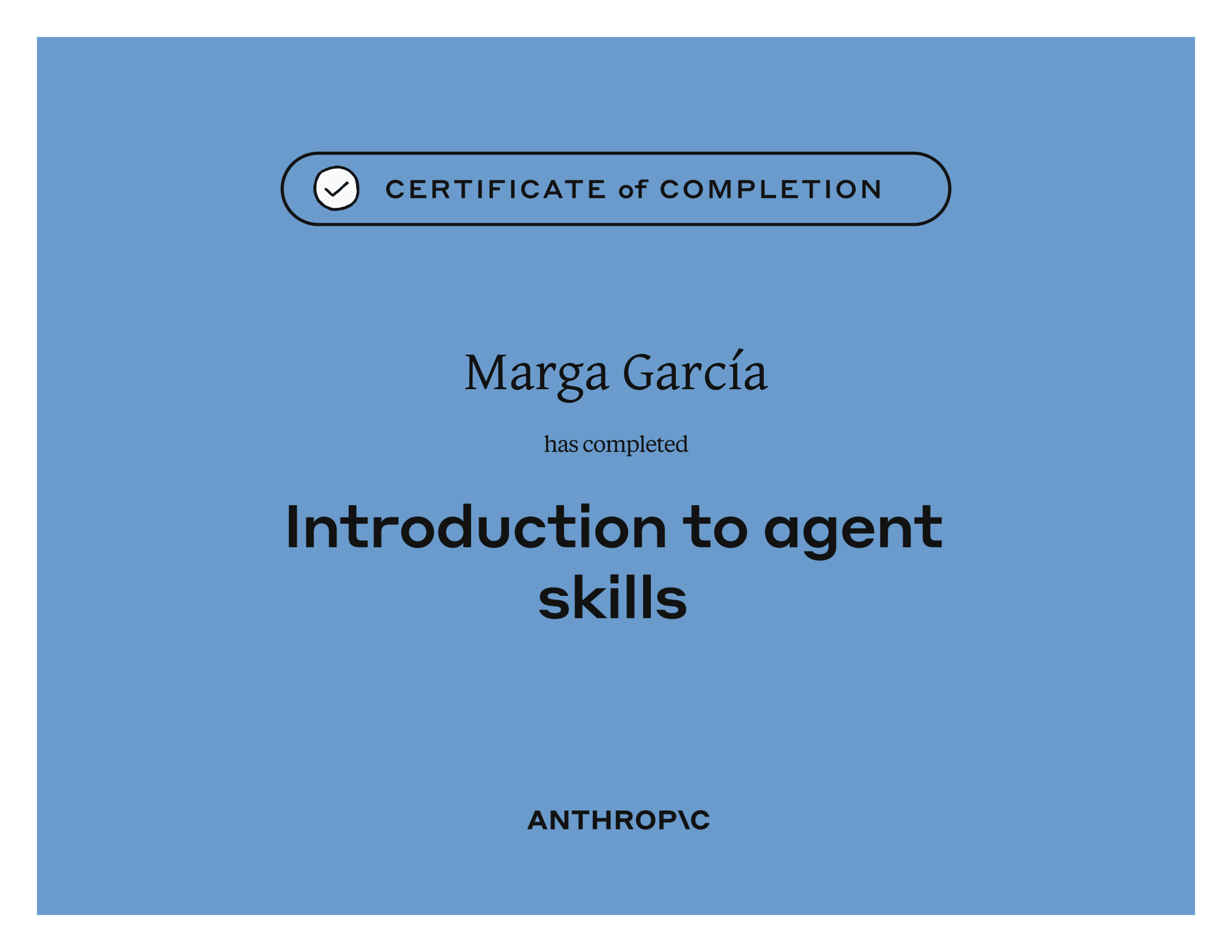 Certificado oficial de Anthropic del curso de Skills, a nombre de Marga