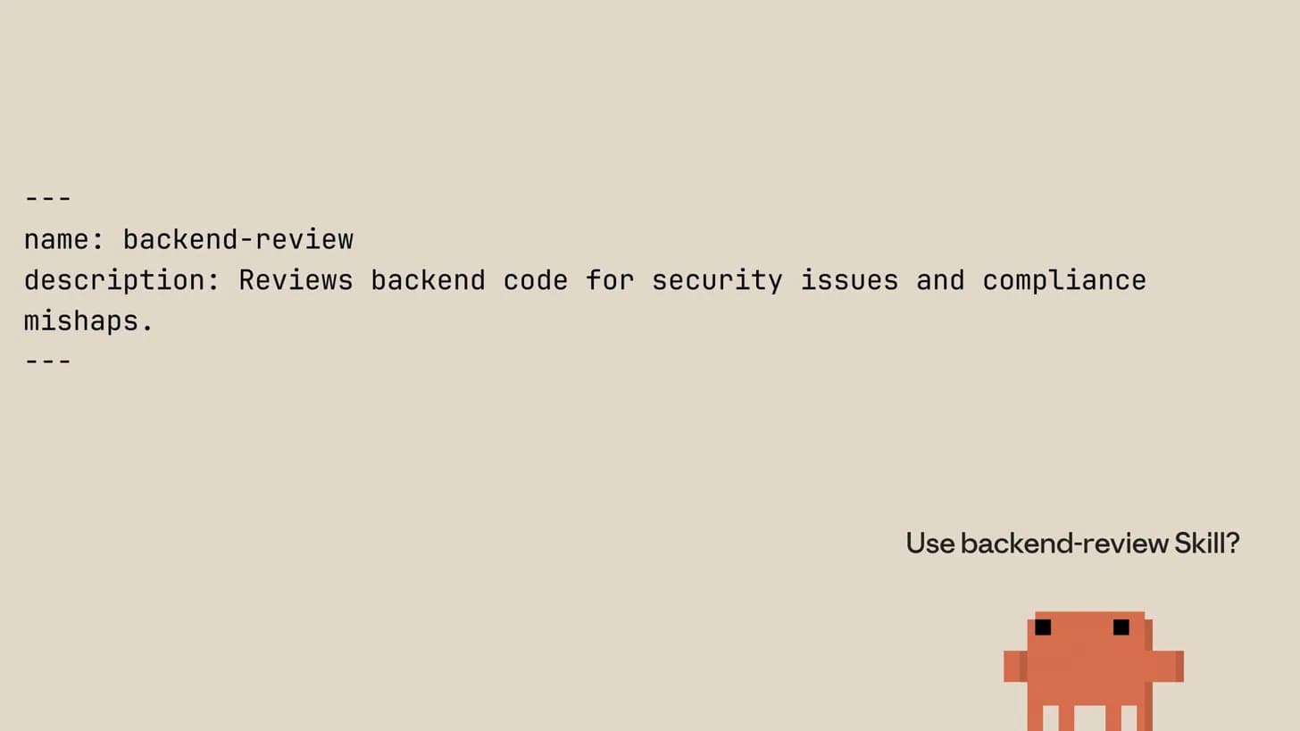 Claude propone usar la habilidad backend-review tras reconocer la intención de la petición