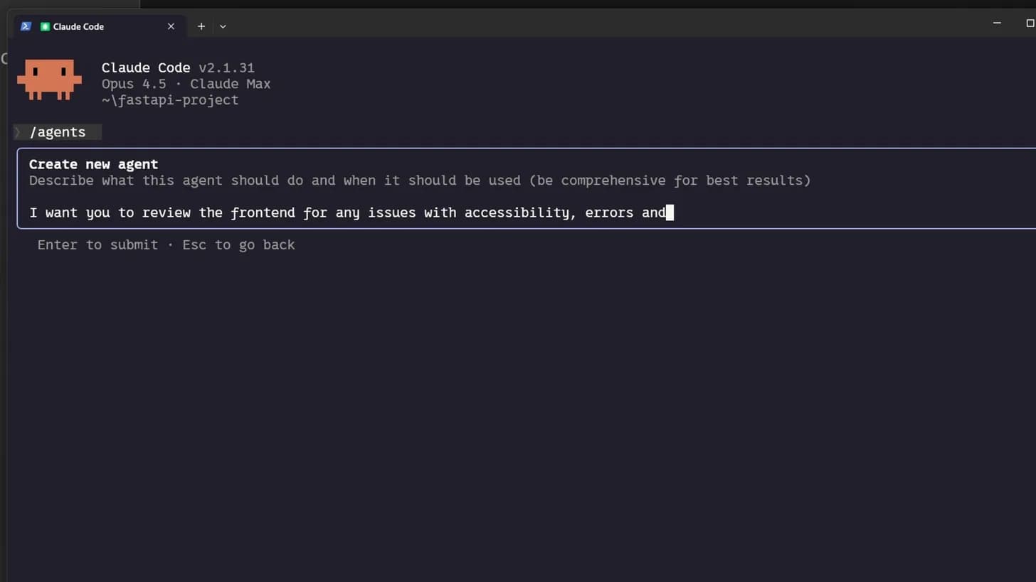 El comando /agents en Claude Code para crear un subagente personalizado